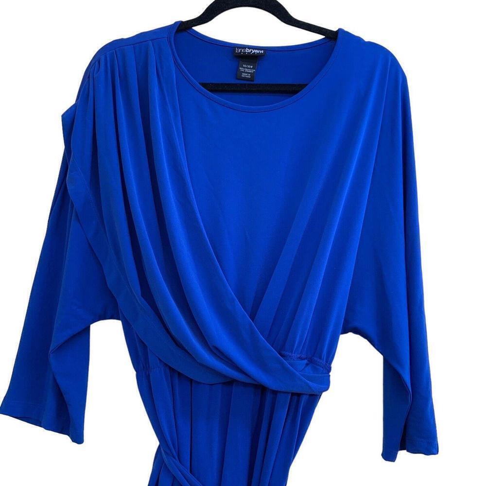 Lane Bryant Royal Blue Stretch V Neck Faux Wrap Waist Tie Knot LS Dress 14/16 - Picture 2 of 7